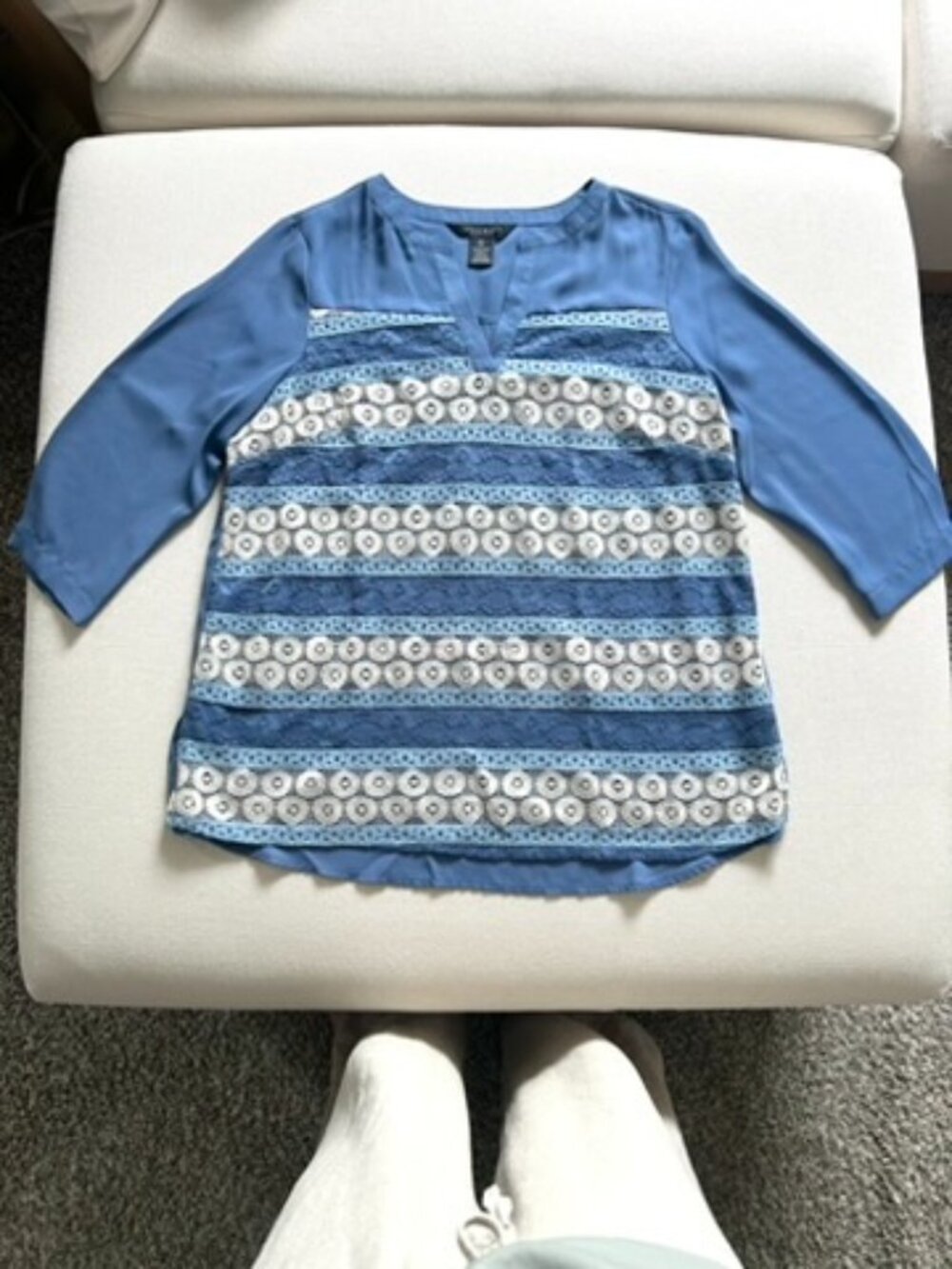 Investments Petites Blue V-Neck Lace Front Blouse